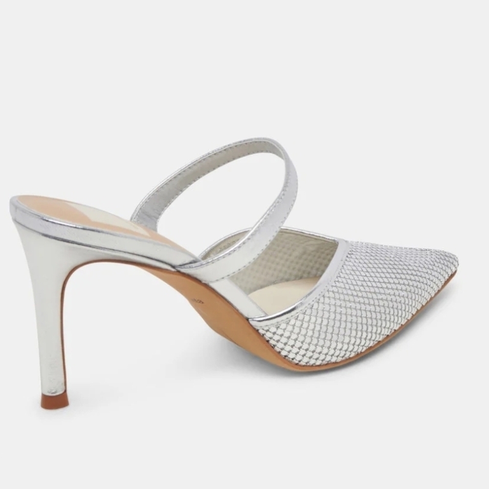 🩶▪️Dolce Vita ▪️kanika Mesh Silver Metallic Pointed Mules Heels - Picture 2 of 3